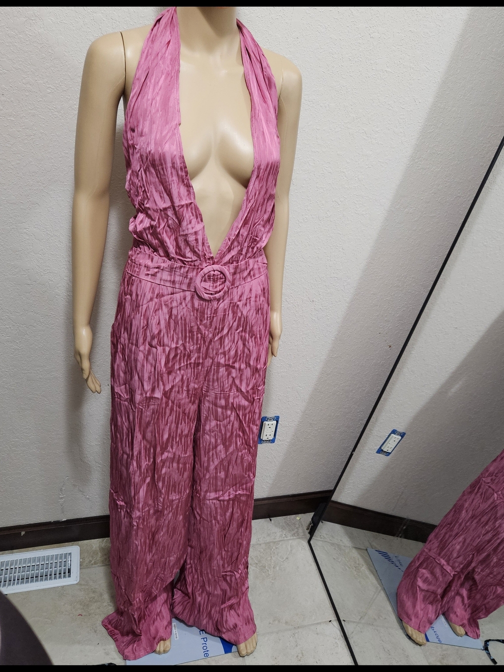 Sleeveless Deep V Halter Jumpsuit in Fuchsia Pink